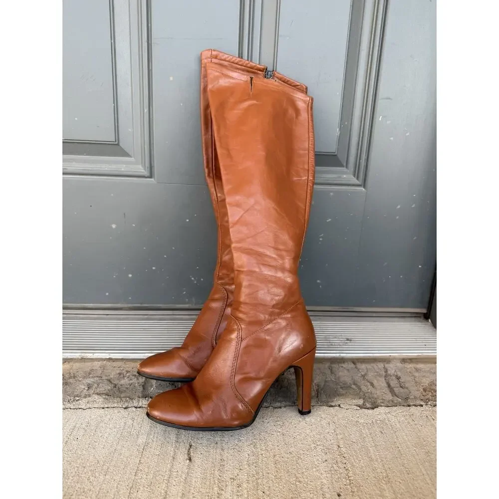 Vintage Brown Leather Knee High Heeled Boots US Women's 6M